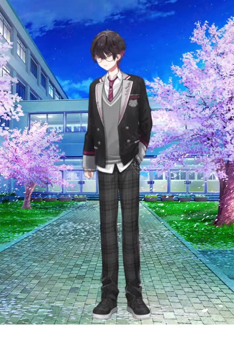 にじさんじ 酒寄颯馬 新衣装 制服の全身イメージ。落ち着いた配色と学園テイストの装飾が分かるキャラクター着用例