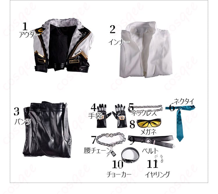 付属パーツ一式のセット内容展開(アウター、インナー、パンツ、手袋、ネックレス、ネクタイ、腰チェーン、メガネ、ベルト、イヤリング、チョーカー)