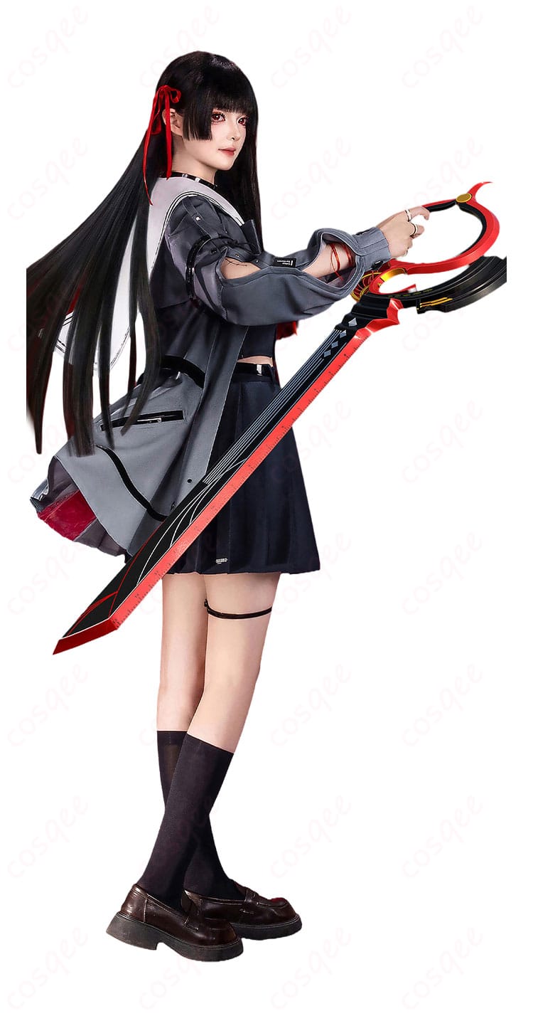 朽葉千咲 制服コスプレの側面ビュー。スカートのフレア感とベルトコンポーネントの位置関係を確認できる。