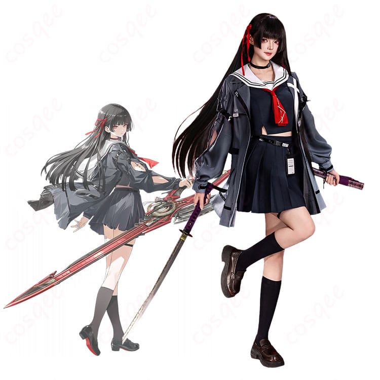 朽葉千咲の制服コスプレ一式を着用した全身イメージ。ジャケットとスカートの直線美がクールに映えるビジュアル。