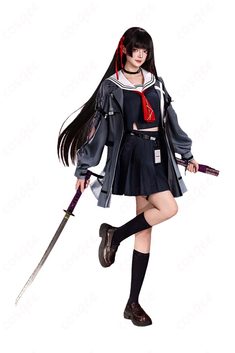 朽葉千咲 制服コスプレの正面全景。ジャケットのシルエットとリボンタイの配置がわかる商品写真。