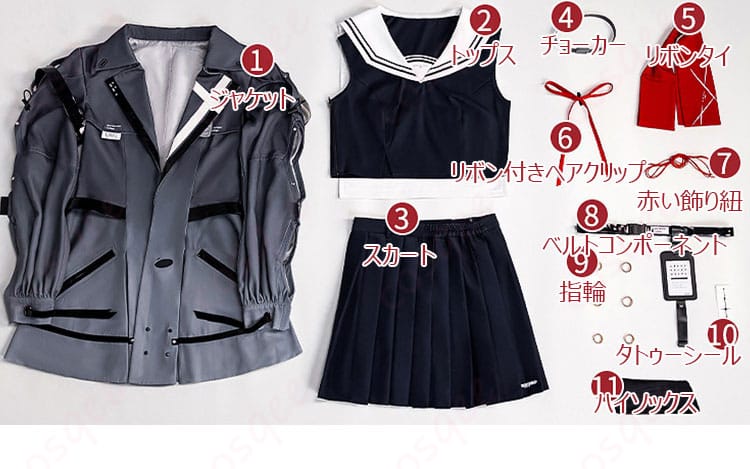 同梱フルセット内容のレイアウト画像。ジャケット、トップス、スカート、小物一式とハイソックスを一覧表示。