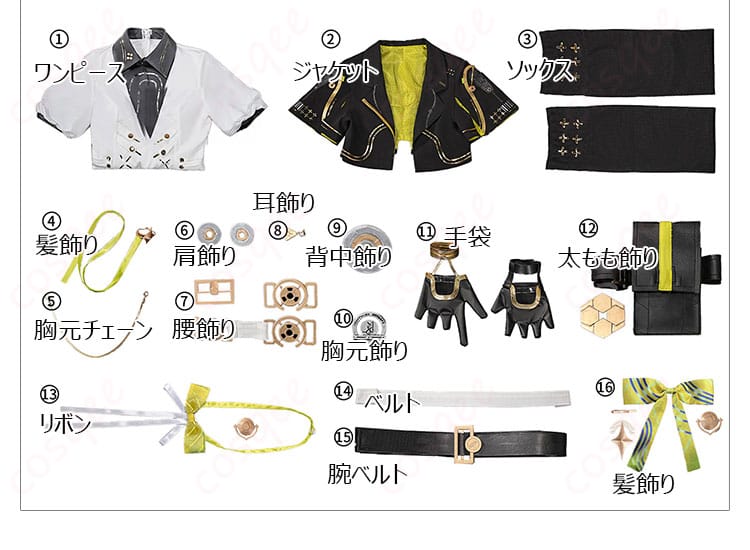 セット内容一式のレイアウト画像(ワンピース、ジャケット、ソックス、装飾小物)