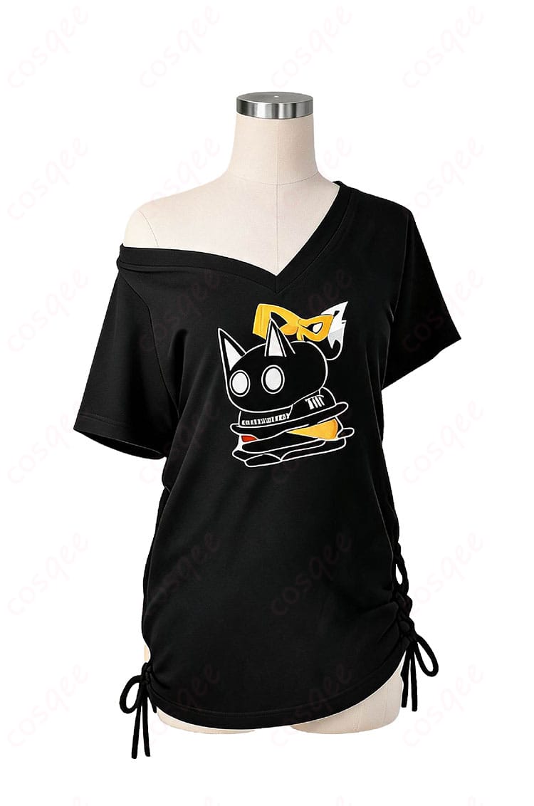 白上フブキ部屋着Tシャツコスプレ衣装の正面デザイン、黒Vネックとフロントプリント