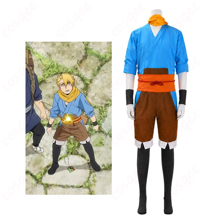 『黄泉のツガイ』ユルのコスプレ衣装を着用したキャラクターイメージ。青い上着と黄色いマフラーを合わせた和装風スタイル