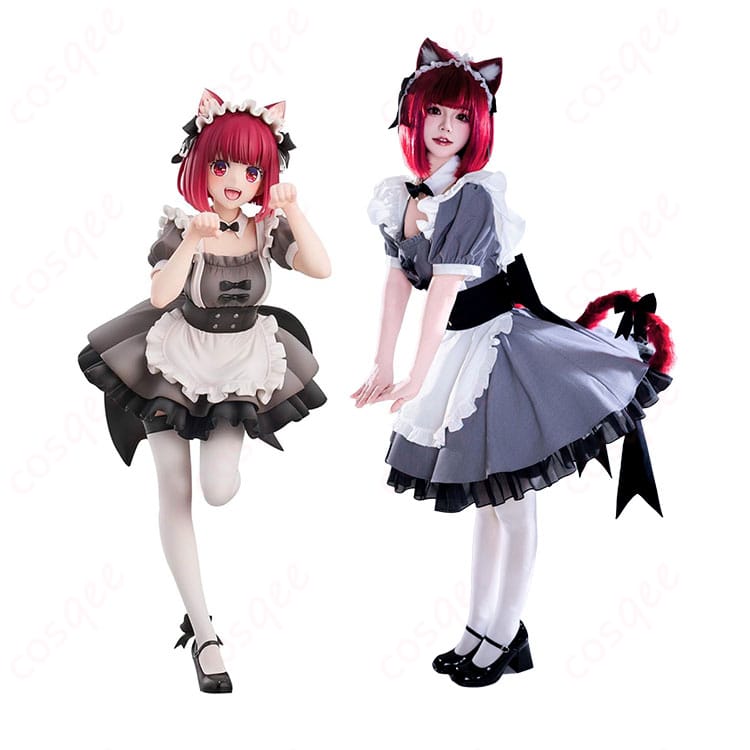 【推しの子】有馬かな 猫メイドver.コスプレ衣装の全身イメージ。猫耳カチューシャ、エプロン、尻尾を合わせたスタイル