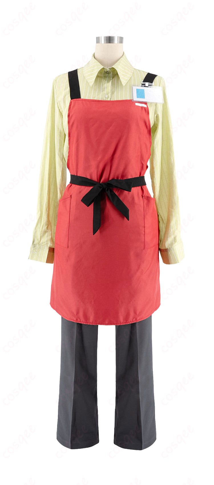 『スーパーの裏でヤニ吸うふたり』山田 スーパーS店員制服コスプレ衣装の正面。シャツ、エプロン、名札、頭巾の構成