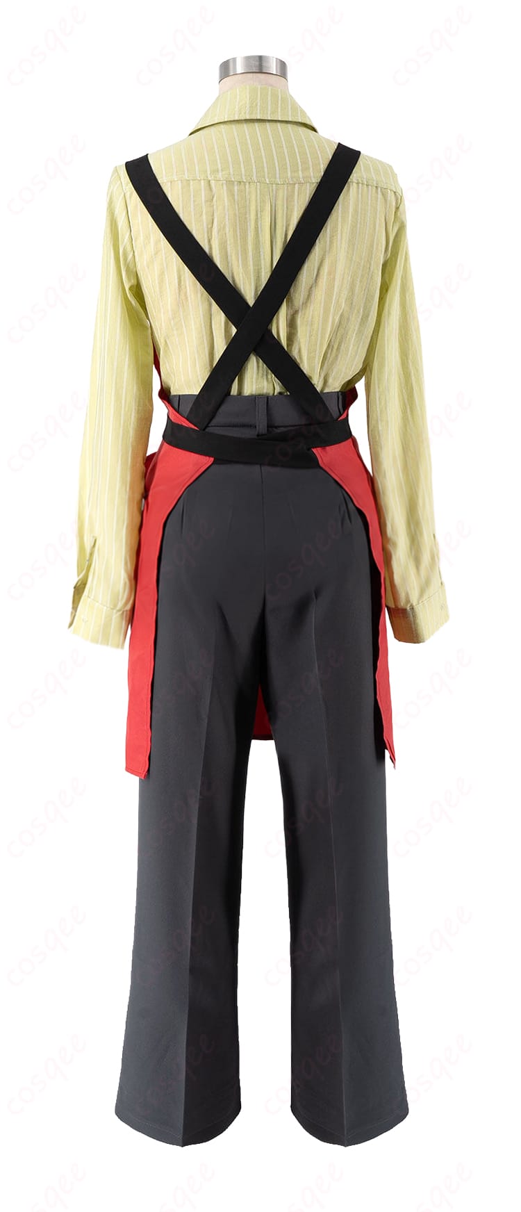 『スーパーの裏でヤニ吸うふたり』山田 スーパーS店員制服コスプレ衣装の背面。シャツ、パンツ、エプロンのシルエット