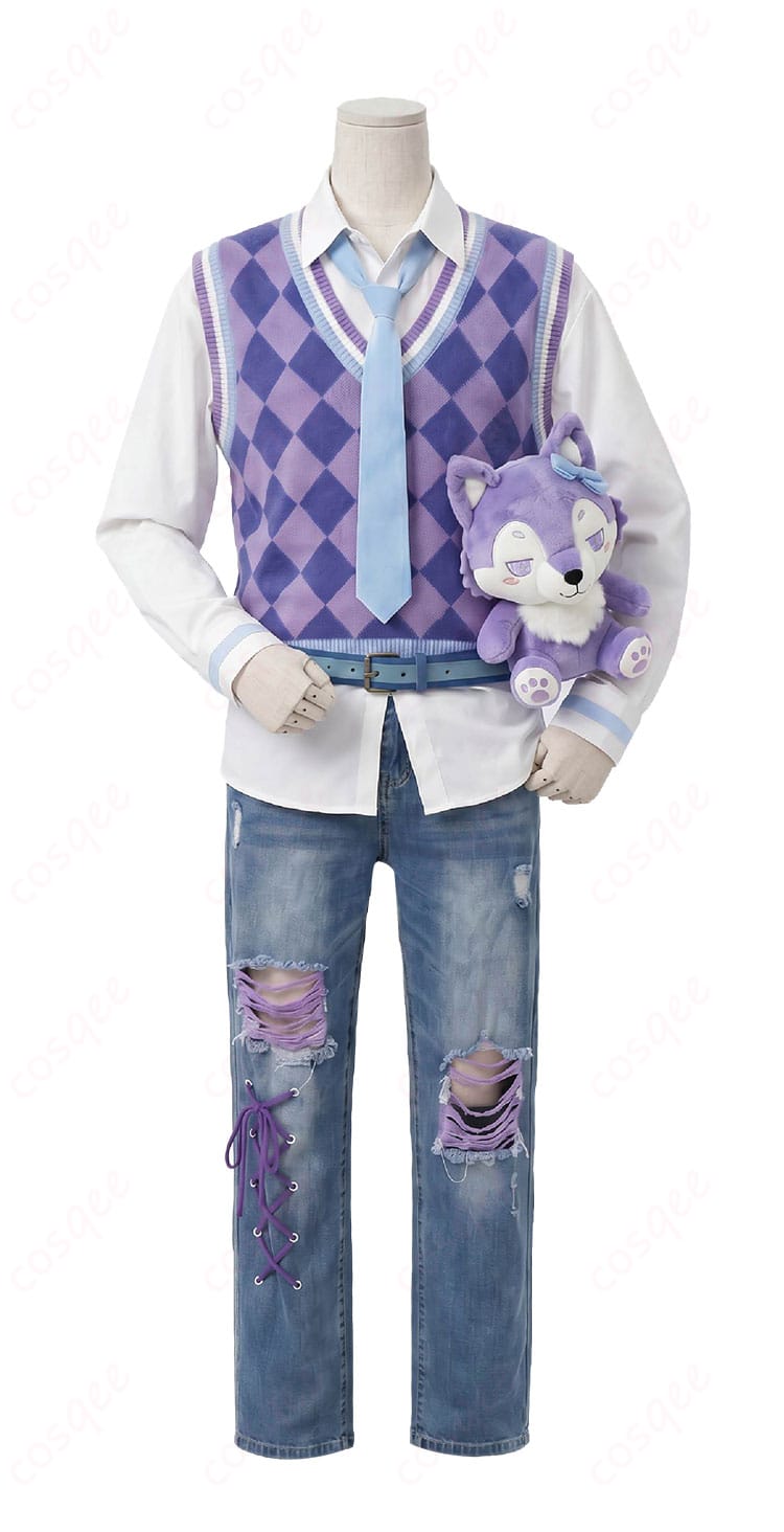 小柳ロウ「ぎゃうるふ うるふ」ver.コスプレ衣装の正面。アーガイルベストとネクタイを組み合わせたデザイン