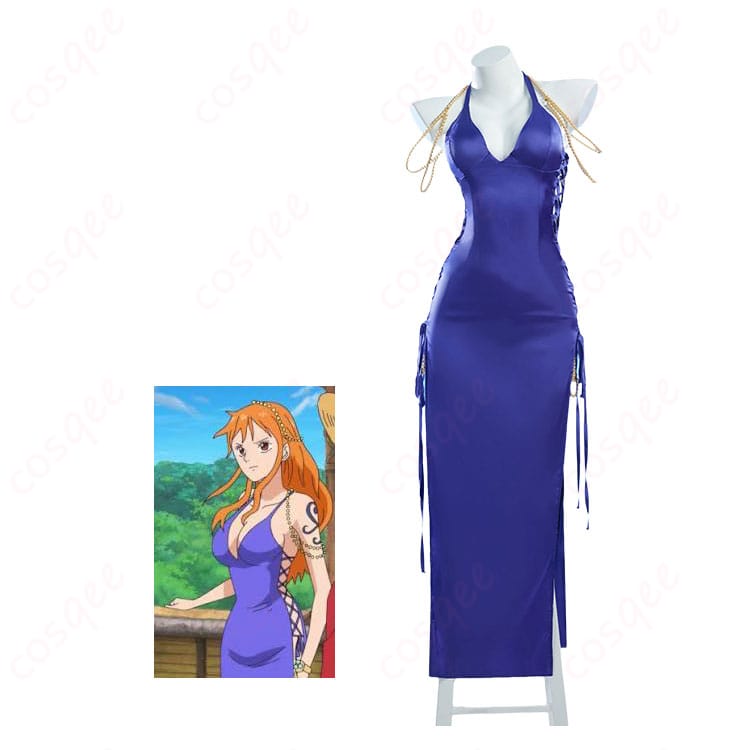 ONE PIECE ゾウ編のナミを再現したパープルドレスコスプレ衣装の人物着用イメージ