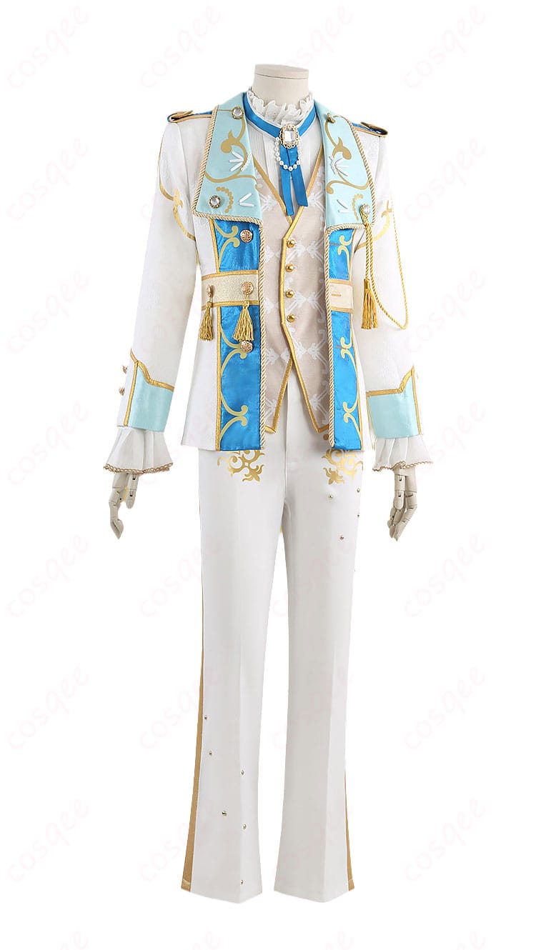 白×ブルー配色の王子風コスプレ衣装を右側から見たジャケットとパンツのディテール