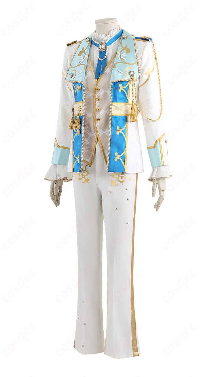 白×ブルー配色の王子風コスプレ衣装を左側から見たジャケットとパンツのディテール