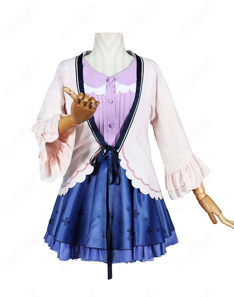 飛鳥湊 私服Ver.コスプレ衣装の正面全体、ブラウス・スカート・ピンクカーディガンの組み合わせ