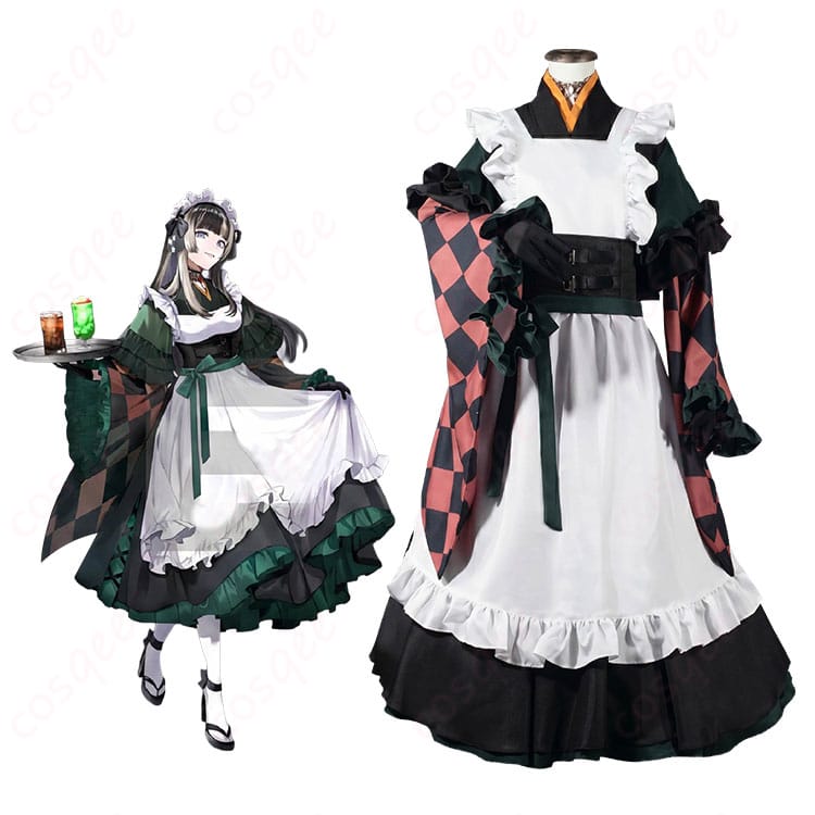 hololive 儒烏風亭らでん メイド服コスプレ衣装の人物着用イメージと全体デザイン