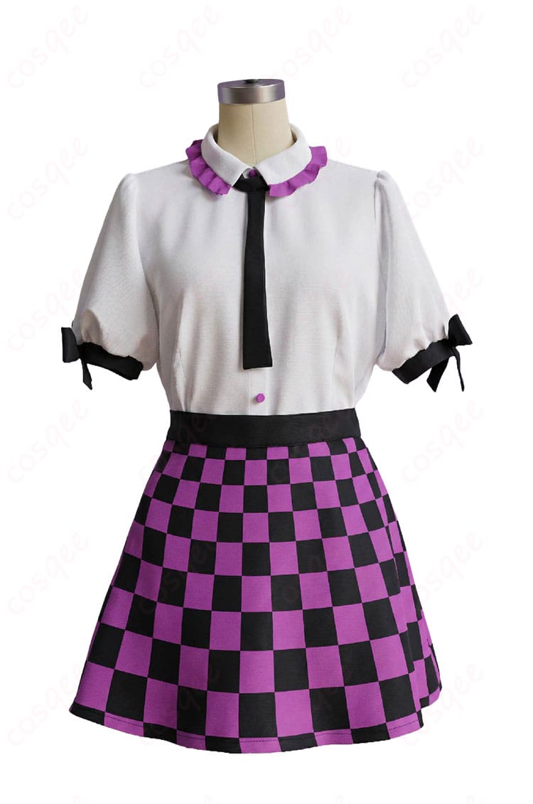 姫海棠はたて制服風コスプレ衣装のトップスと紫×黒チェック柄スカート正面