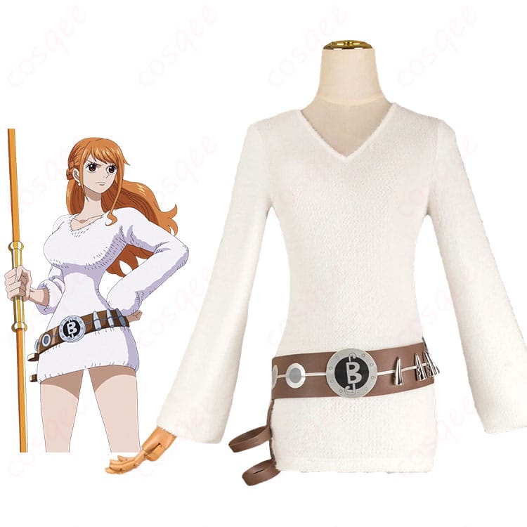 ONE PIECE ナミをイメージした白い長袖ミニワンピースとベルトの着用イメージ
