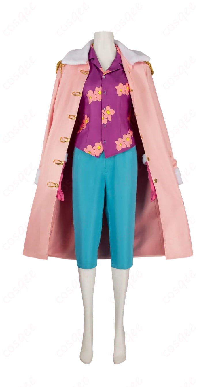 ONE PIECE たしぎ海軍G-5支部大佐衣装の正面、ピンクのマント風ロングコートとパンツ