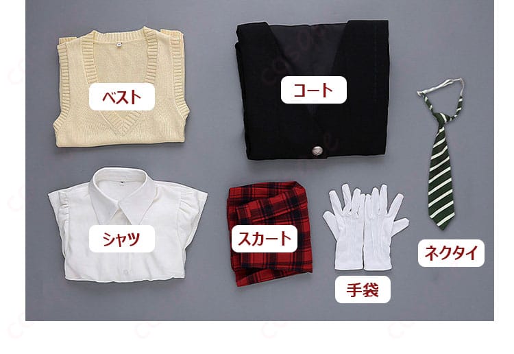 コート、ベスト、シャツ、スカート、手袋、ネクタイの6点セット内容