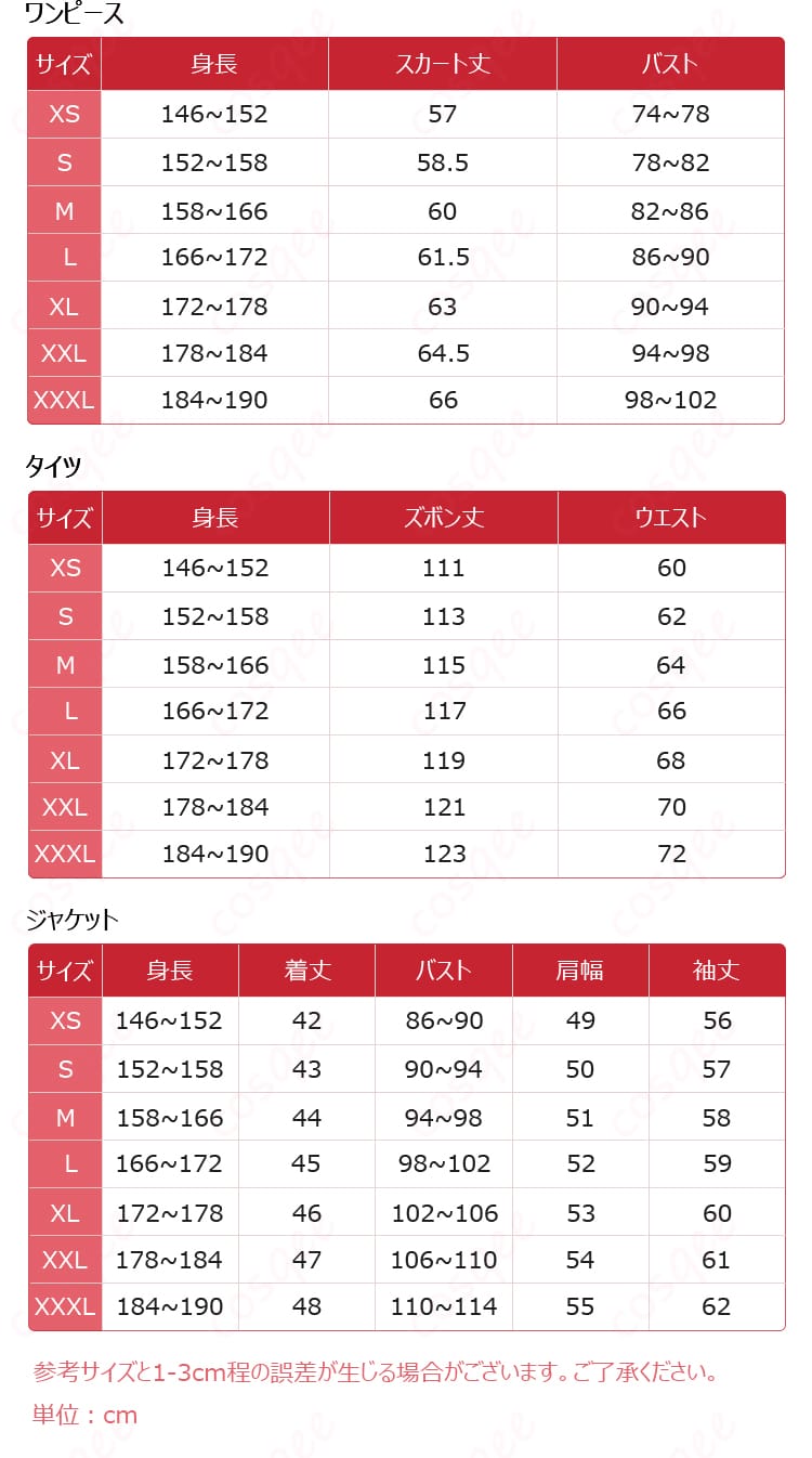 アイアンマウスSeason 3コスプレ衣装のS～XXXLサイズ表