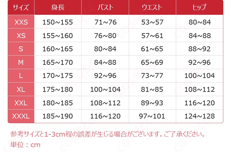 梅里ちえりコスプレ衣装XS~XXXLの商品サイズ表
