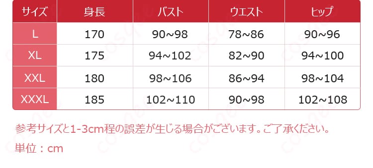 ギルガメッシュ コラボテイストVer.衣装のL・XXL・XXXLサイズ情報
