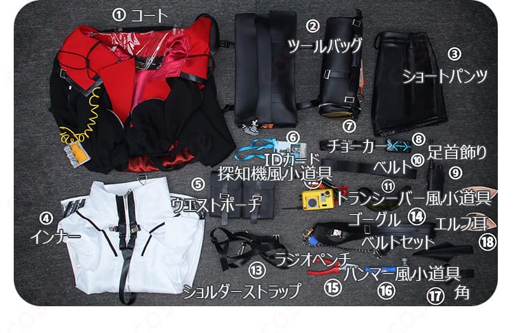 アークナイツのクロージャ通常衣装と工具小物を並べたセット内容