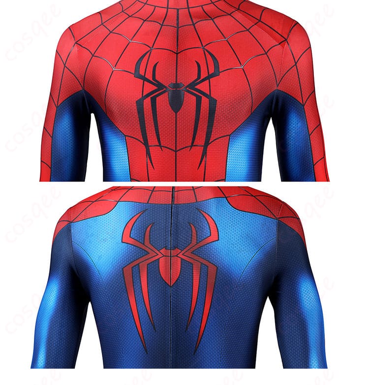 スパイダーマン衣装の正面と背面に配置されたクモ意匠の比較