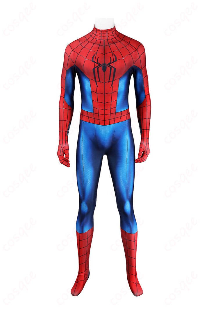 ピーター・パーカー衣装の胸元とスパイダーモチーフの正面ディテール