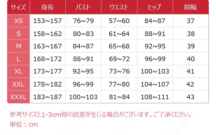 ティファ・ロックハートのリベレーション衣装サイズ表