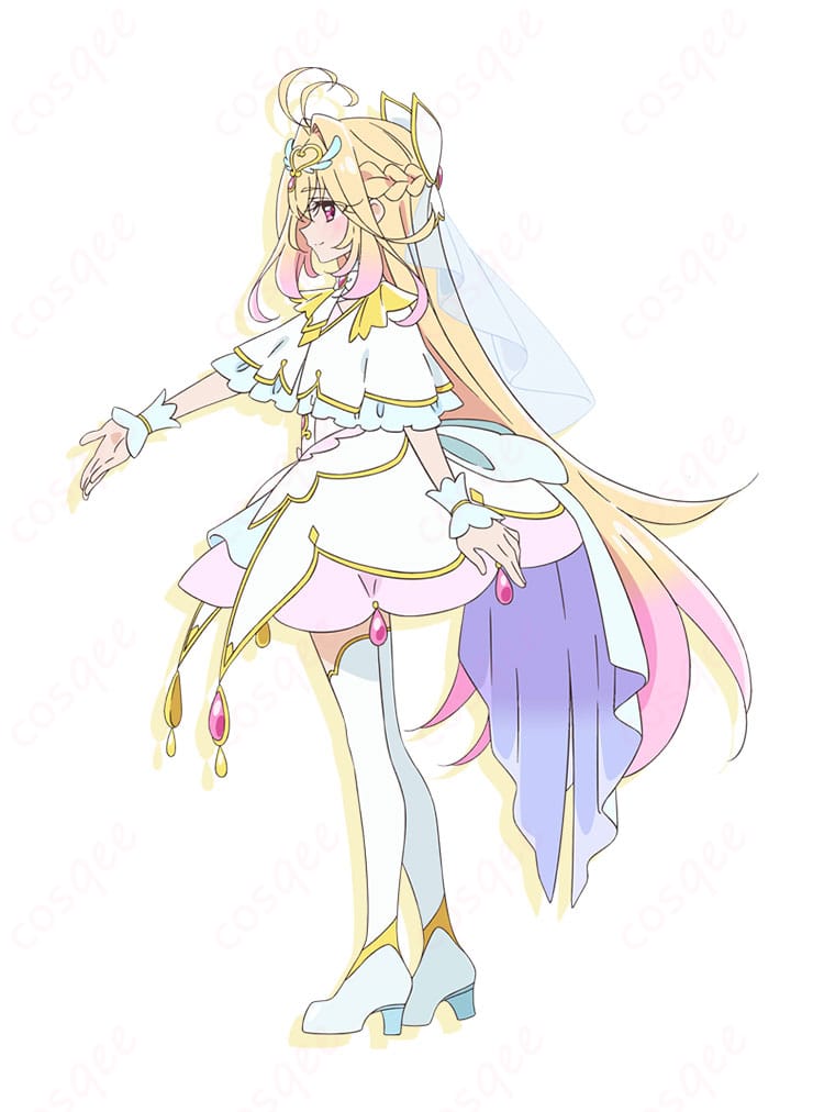 森亜るるかのキュアアルカナ変身後コスプレ衣装側面、美しいシルエットと手首飾りのデザイン