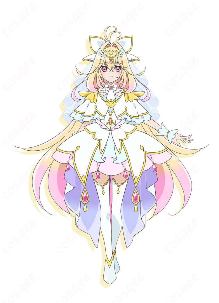 森亜るるかのキュアアルカナ変身後コスプレ衣装正面、高コントラスト配色と装飾の全体像