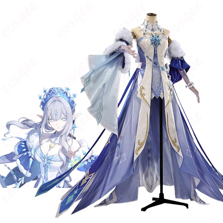 『原神』氷の女皇のキャラクターイメージと王冠付きコスプレ衣装の比較