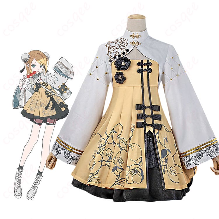 鏡音リンのキャラクタービジュアルとツリービレッジカフェ版チャイナ風コスプレ衣装