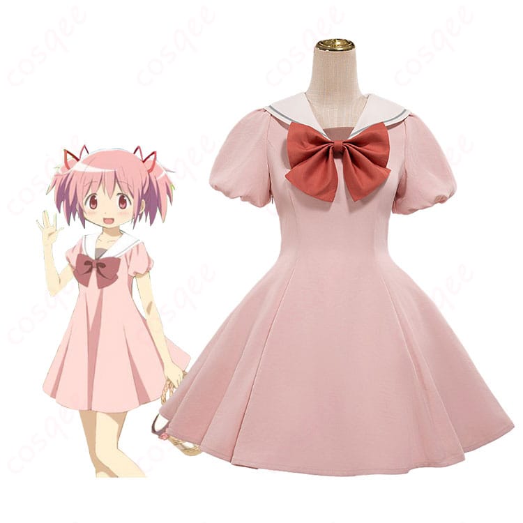鹿目まどかのキャラクターイメージとピンク半袖ワンピース衣装の商品構成