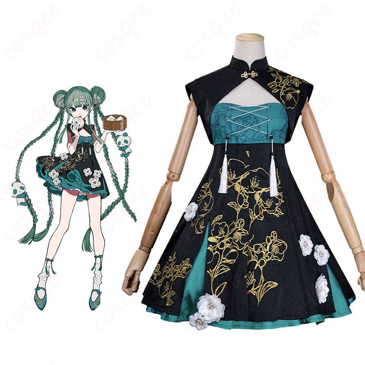 初音ミクのキャラクタービジュアルとツリービレッジカフェ版チャイナ風コスプレ衣装