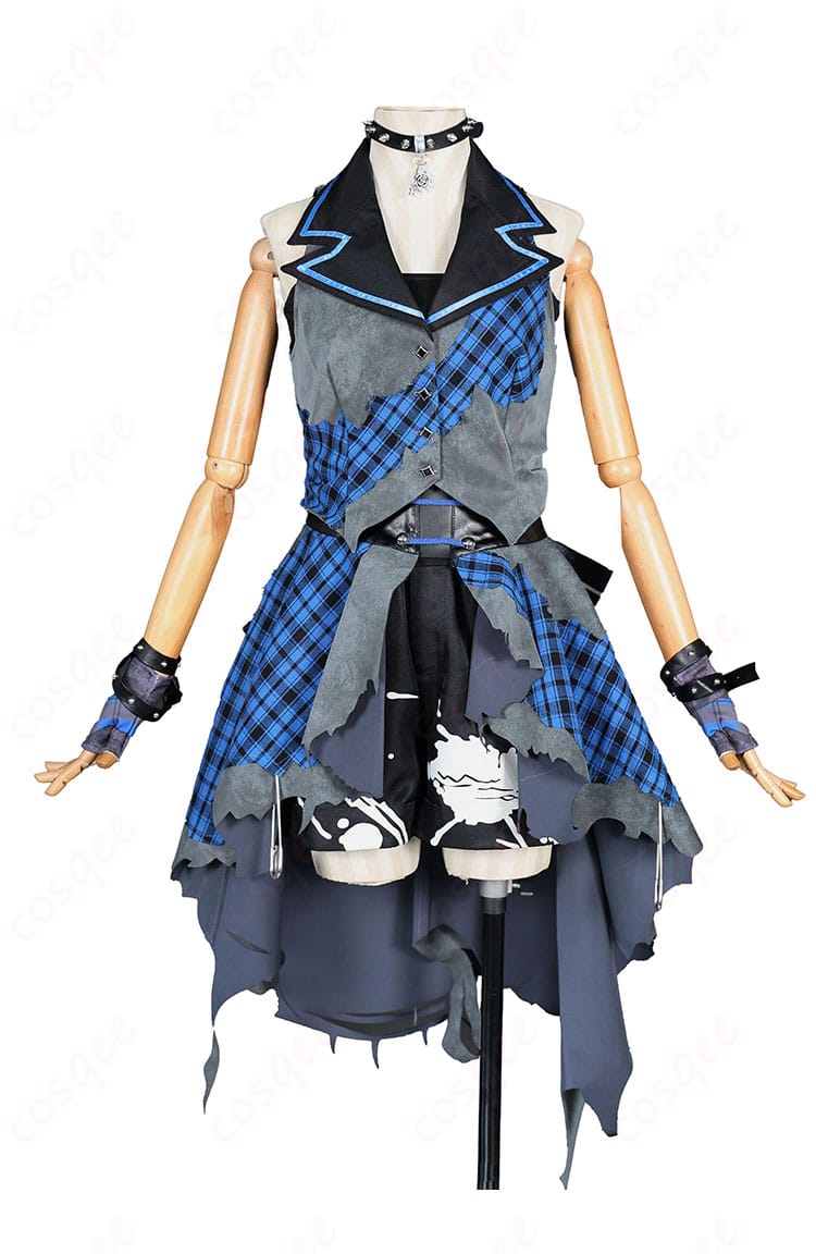 河原木桃香の青チェック×黒のアシンメトリー衣装・正面