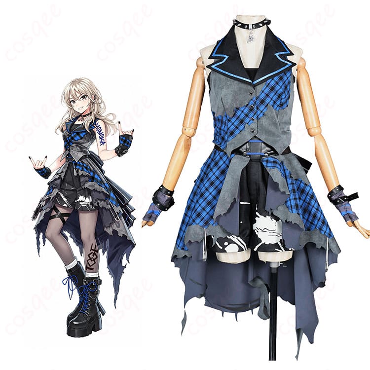 『ガールズバンドクライ』河原木桃香のキャラクター画像と青チェック×黒のコスプレ衣装