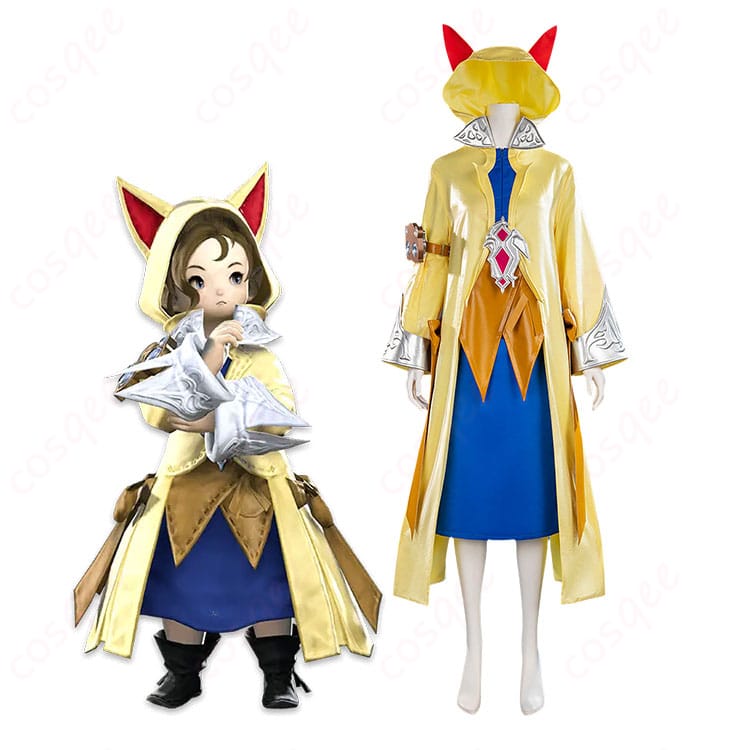 クルル・バルデシオンのキャラクター画像と猫耳フード付きコスプレ衣装の比較