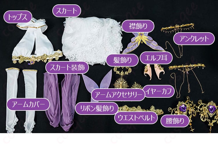 アルビオンのコスプレ衣装のトップスやスカート、装飾品などのセット内容一覧