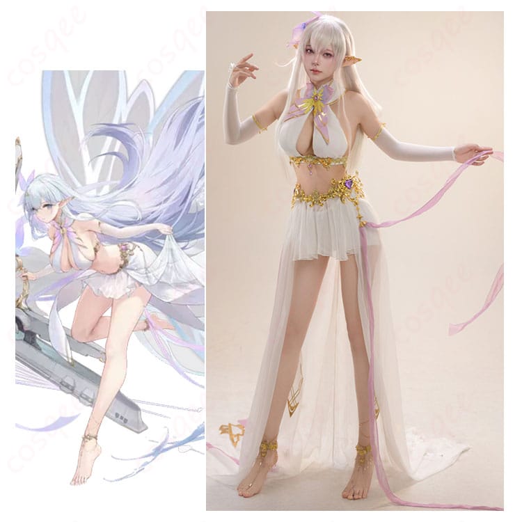アズールレーンのアルビオンのキャラクター画像と白×ゴールドのコスプレ衣装の比較