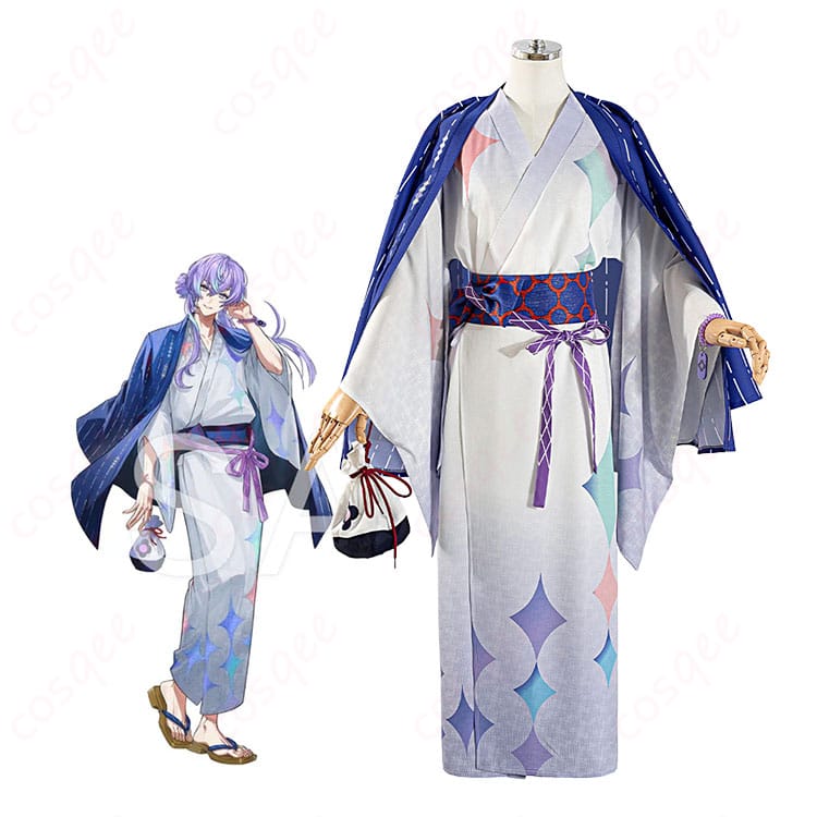 にじさんじ星導ショウのキャラクター画像と極楽湯・RAKU SPAコラボ浴衣Ver.の商品衣装