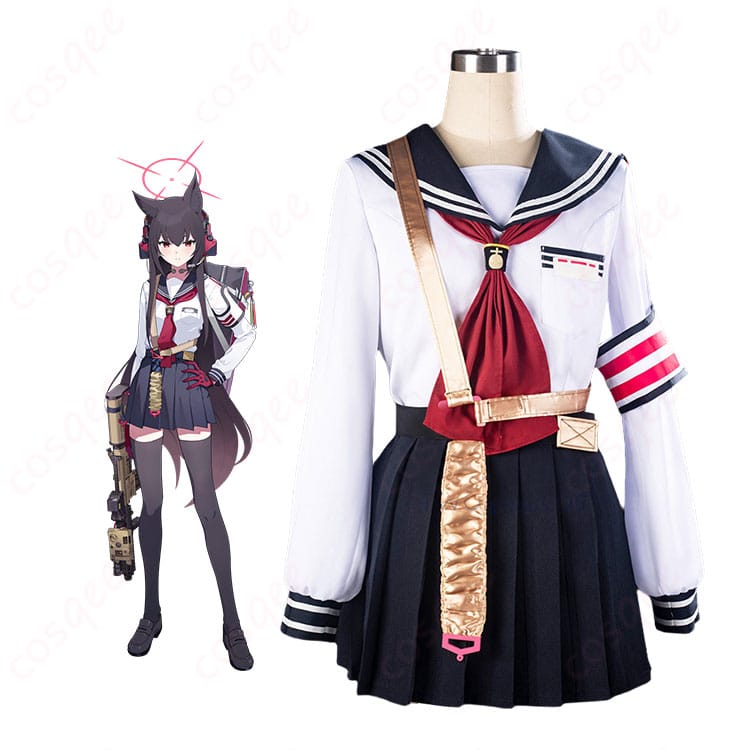 ブルーアーカイブの七度ユキノのキャラクター画像とセーラー制服風コスプレ衣装の商品画像