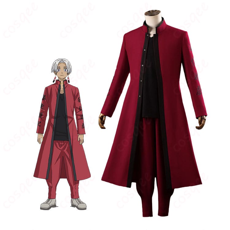東京卍リベンジャーズの黒川イザナのキャラクター画像と天竺総長のコスプレ衣装の商品画像