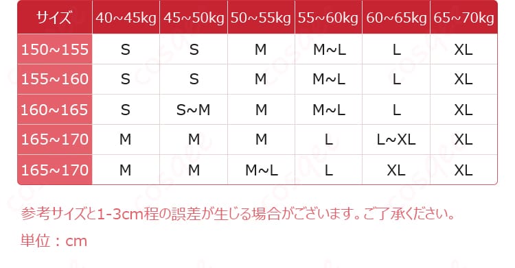 春日野穹のネグリジェ版コスプレ衣装のサイズ情報を示す画像