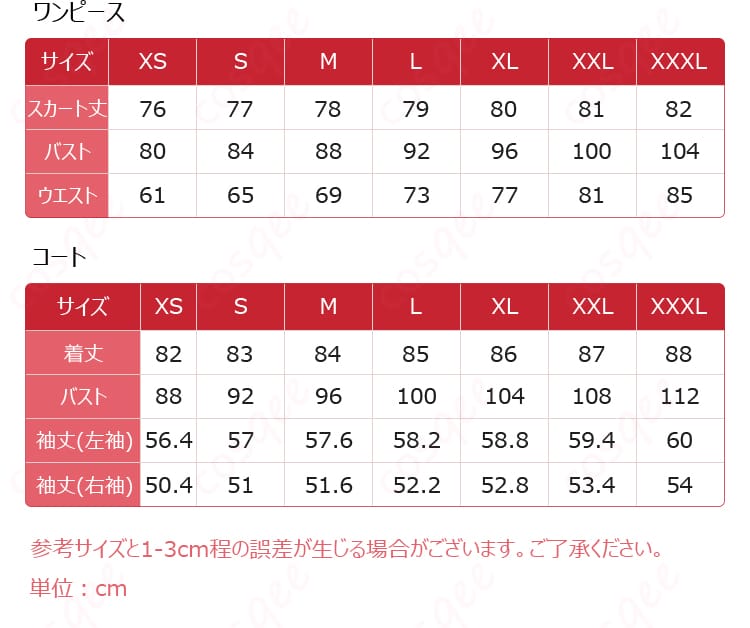 アークナイツ シー(夕)コスプレ衣装 サイズと寸法の対応画像 サイズガイド付き