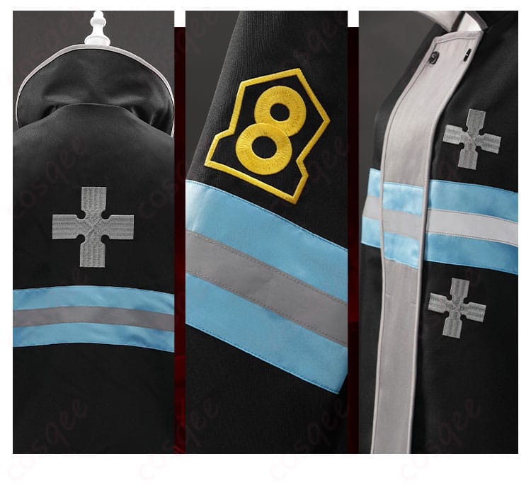 森羅日下部 コスプレ衣装 背面、肩、衣服のストライプ、左肩装飾の詳細画像