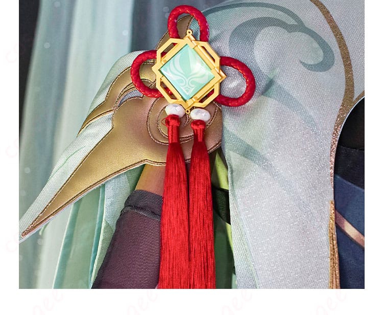 原神 閑雲 コスプレ衣装 肩飾り 赤い組紐パーツ詳細
