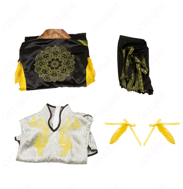 セット内容の展示画像。鉄拳8 凌曉雨のコスプレ衣装に含まれるアイテムの詳細を紹介。セット内容は変更される場合があります。