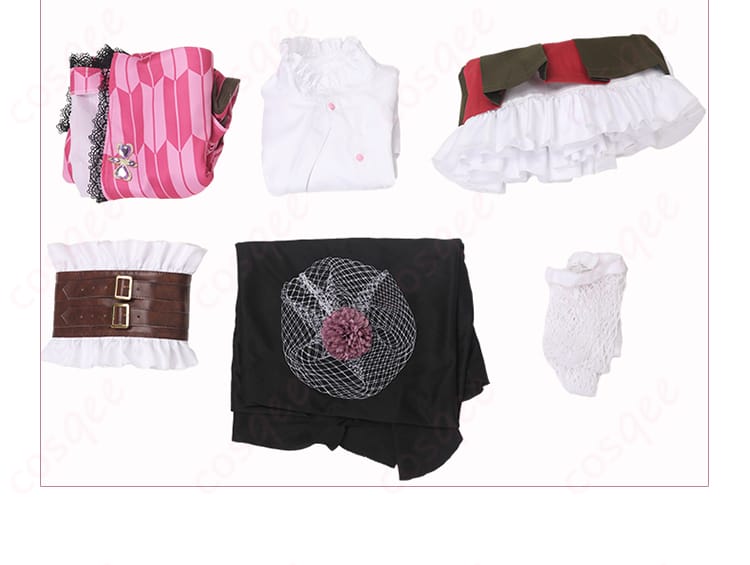 鬼滅の刃 甘露寺蜜璃 コスプレ衣装 セット内容図。コスプレ衣装一式がすべて揃っています。髪飾り、コルセットベルトも含まれています。