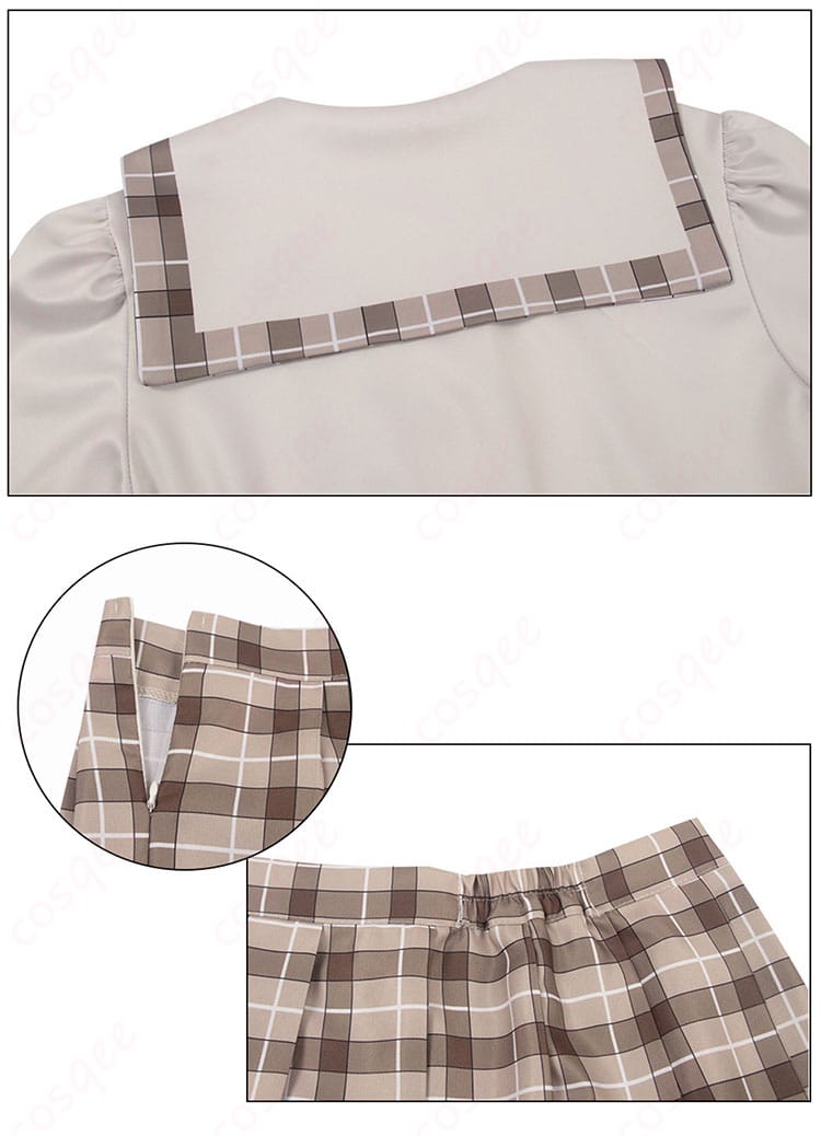 春日野穹 制服コスプレ衣装の衣披肩とスカートの細部。生地の質感とデザインの細かい部分が見える画像。